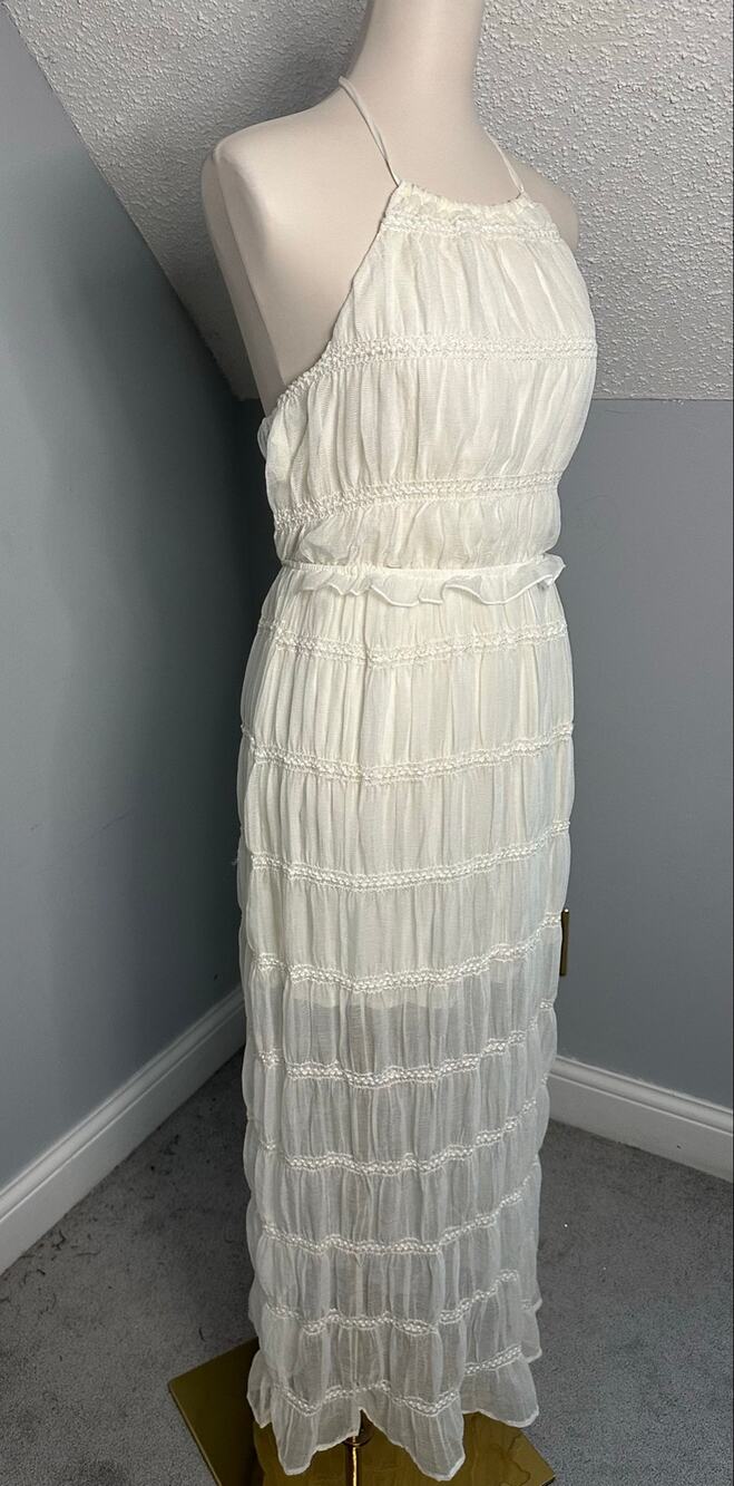 NWT Thirty/Thirty LA Cream Tiered Chiffon Maxi Dress Sz XL Satin Halter Details